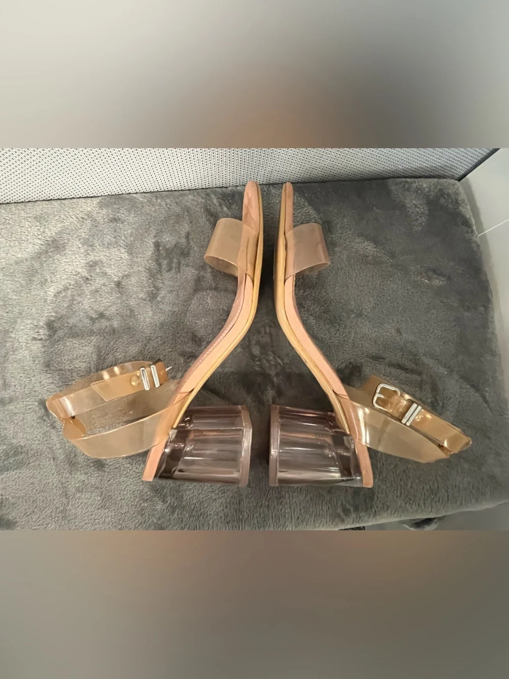 Gianni Bini Clear Block Heel Vinyl Strap Sandals in Nude. Padded footbed. 7.5